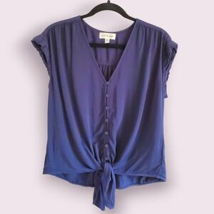 Cloth & Stone Womens Medium Blue Tie Front Button Down Sleeveless Blouse